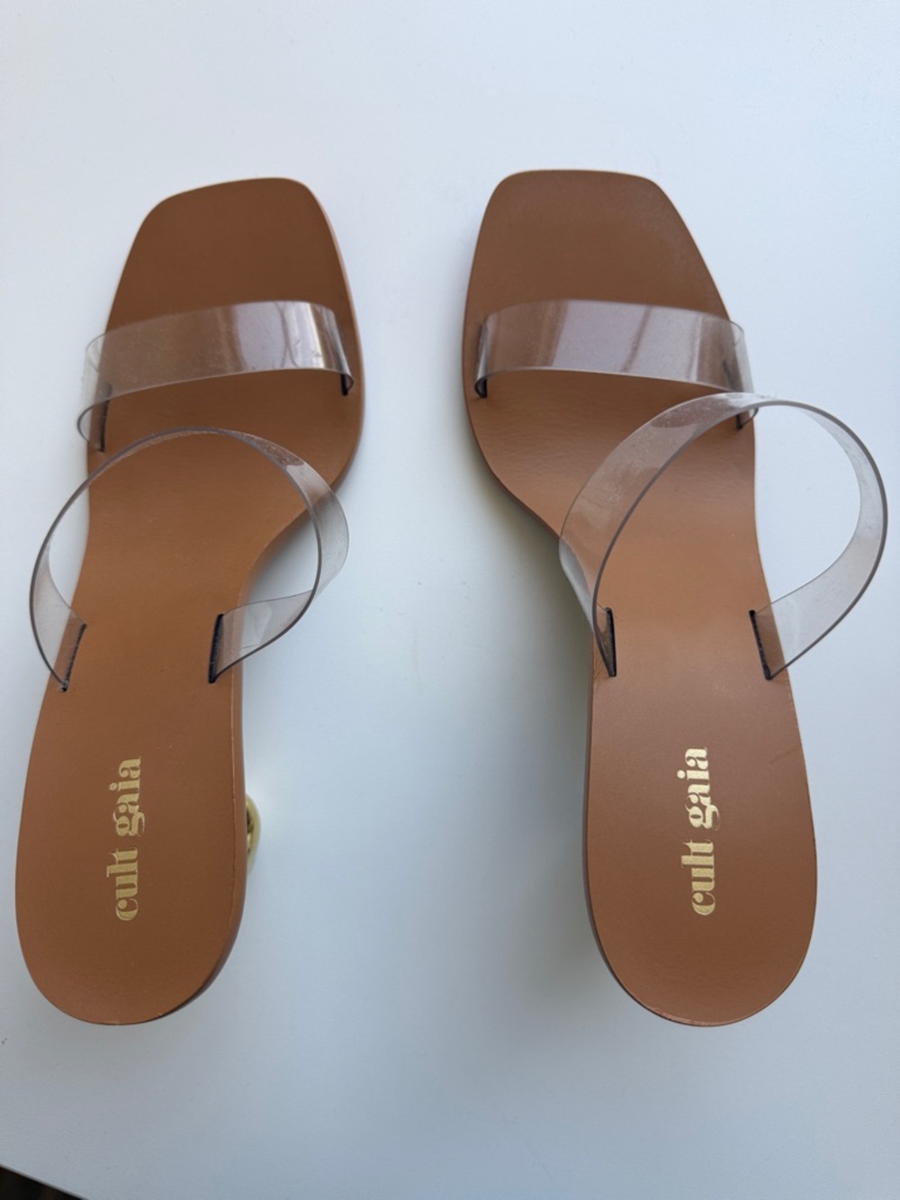Cult Gaia Clear Strap Brown Slide Sandals with Gold Accent Heel - Picture 4 of 4